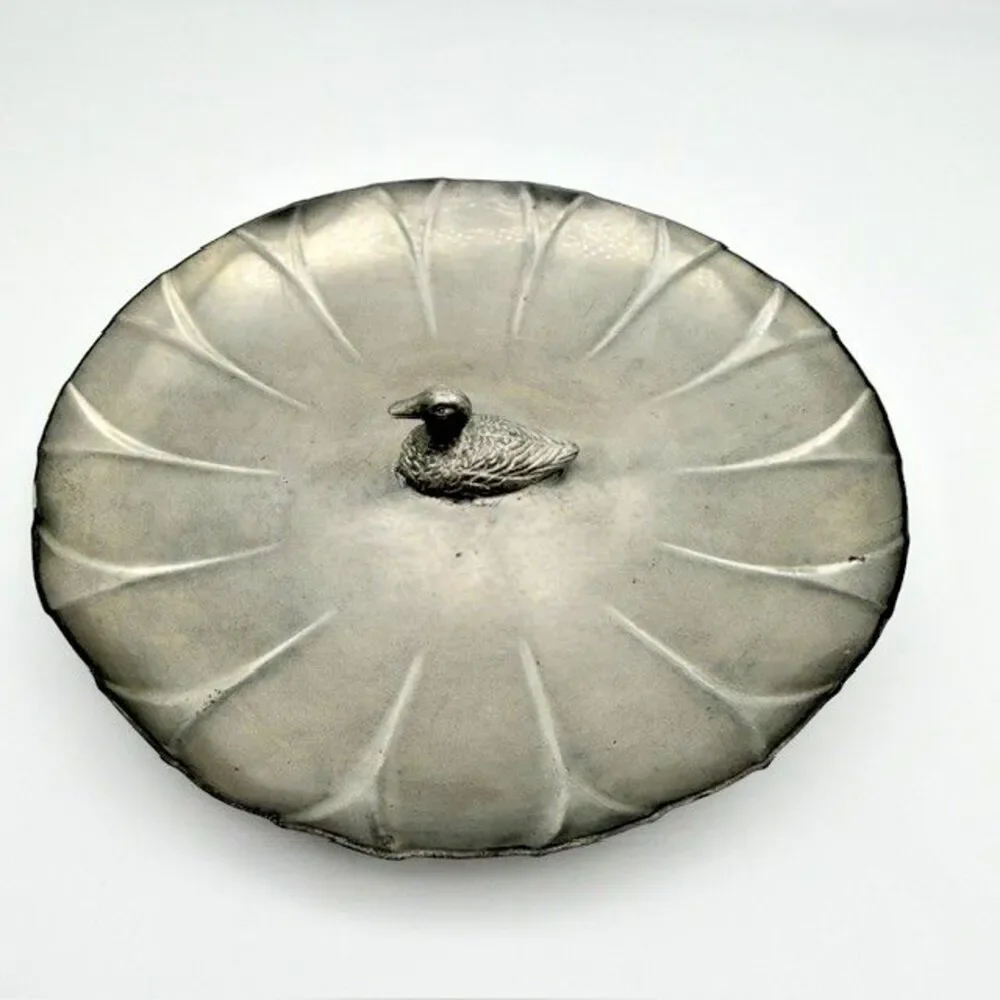 Vintage Pewter Duck Trinket Dish Round 6.5”